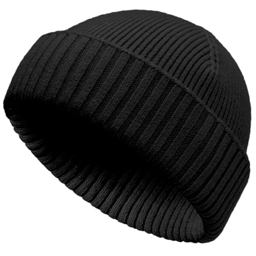 50% Wool Double Cuff Knit Beanie Hat for Men Women, Short Fisherman/Slouchy Warm Winter Skull Cap Trawler Watch Cap