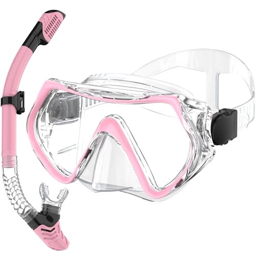 Adult Pink Snorkeling Mask Set with Dry Anti-Fog Snorkel - Impact-Resistant, Panoramic View