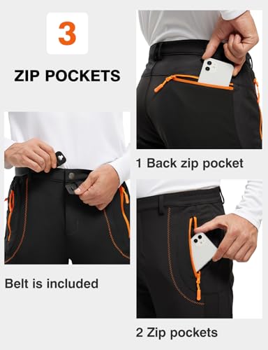 Men's Waterproof Snow Ski Hiking Pants Fleece Lined with Belt - Large, 3 Zip Pockets, Black