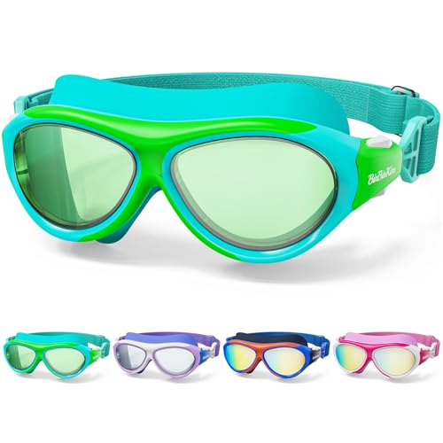Kids Swimming Goggles with Fabric Strap for 8-16, No Leaking, Wide View, Anti-Fog UV, Green
