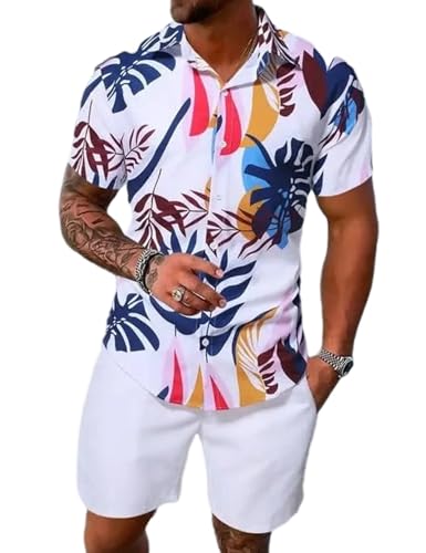 X-Large Men's Summer Tropical Print Short Sleeve Hawaiian Shirt and Shorts Set
