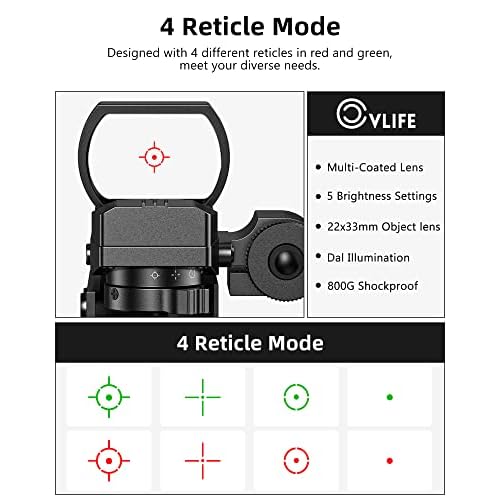 CVLIFE 1X22X33 Reflex Sight Red Dot Sight Red Green 4 Reticle Optics with Green Laser and Pressure Pad Switch for 20mm Rail