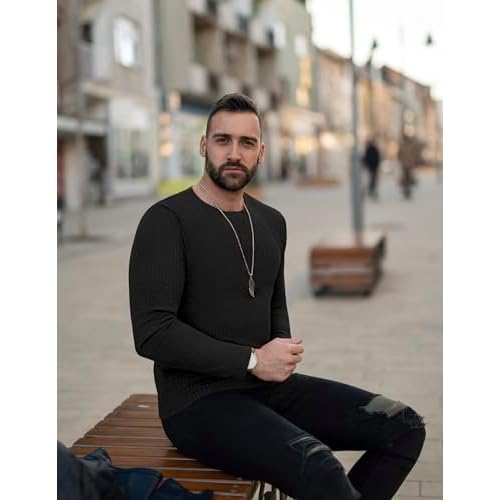 Ekouaer Men's Long Sleeve Shirts Ribbed Pullover Sweater Sim Fit Thermal Tops Crew Neck Stretchy Undershirts