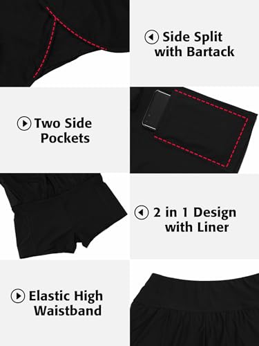 Women's Swim Shorts with Side Slit 2-in-1 Board Shorts with Pockets - Medium / Black