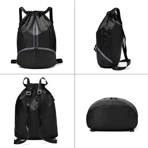 Black Drawstring Gym Bag for Men, Waterproof Drawstring Backpack for Women, Swim Bag with Shoes Compartment, Pull String Sport Bag for Soccer and Basketball.