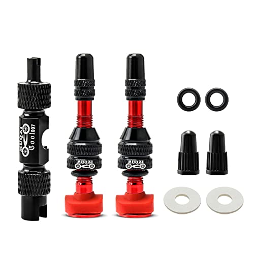 Tubeless Valve Kit with Presta Stems 40mm Red No Leak Alloy Caps & Core Remover