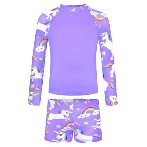 TENVDA Girls Rash Guard Swimsuit Long Sleeve Bathing Suits with Shorts for 3-12 Years Old Kids
