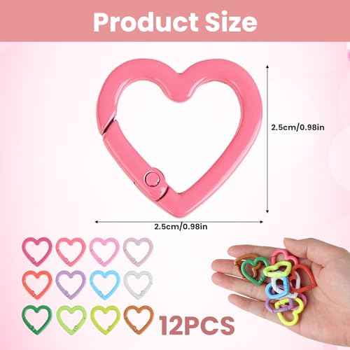 12 Pcs Heart Shaped Keychain Clip Cute Carabiner, Zinc Alloy Spring Snap Hooks for Keys, Bags, Camping, Hiking, Fishing, Travel, DIY Crafts, Fashion Accessories (12 Color)