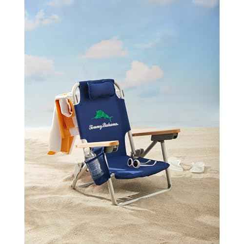 Tommy Bahama Kid's 5-Position Lay Flat Backpack Folding Beach Chair, Solid Navy Wavy Marlin