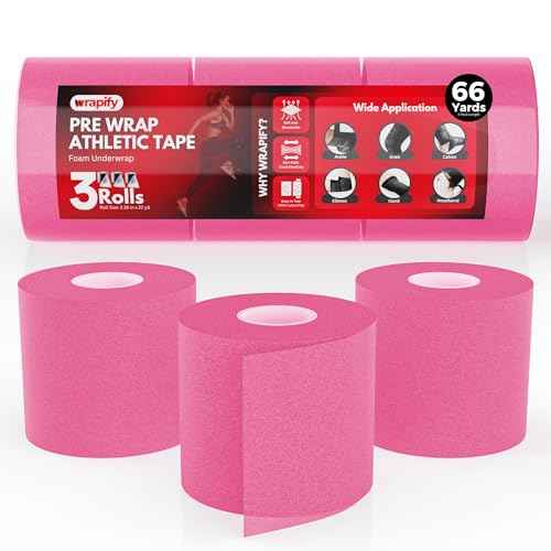 Pre Wrap Athletic - 3 Rolls Pink Prewrap Headbands for Hair - 66 Yards Sports Prewrap Athletic Tape for Knee, Ankle, Wrist - Foam Underwrap for Soccer, Basketball & Volleyball