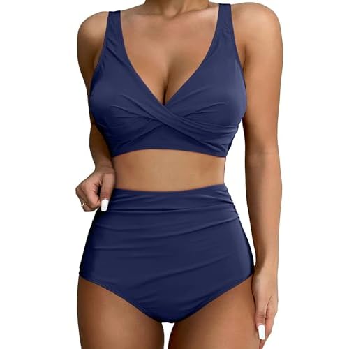 GRAPENT High Waisted Bikini Sets for Women Twist Front Tie Back 2 Piece Bathing Suit V Neck Ruched Swimsuits Bikinis