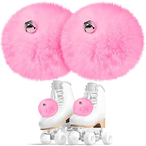 Pink 8 cm Roller Skate Pom Poms with Bells - Fuzzy Tie-On Skate Accessories for Women Girls