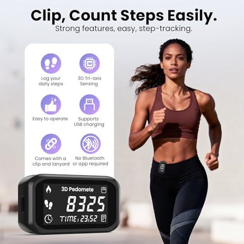 3D Pedometer for Walking, Accurate Step Counter with LCD Display for Step Calorie Tracker Clip-On Wearable Pedometer Daily Activity Data Monitor Rechargeable Portable Fitness Tracker Device