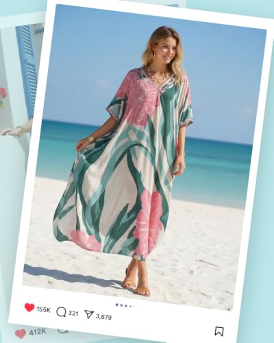 Women’s Lightweight Floral Print Kaftan Dress Swim Coverup - Green Stripe