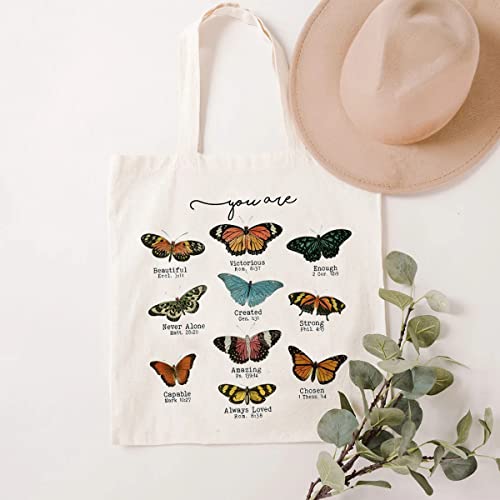 Beige Butterfly Christian Canvas Tote Bag Inspirational God Gifts for Women