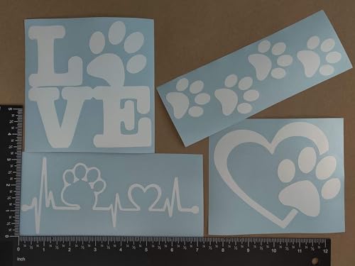 Large White Dog Paw Decals 4 Pack - Love Heartbeat Print & Variations