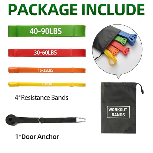 Green Resistance Bands Set for Workout & Pull-Ups - 5 to 125 lbs, Includes Door Anchor