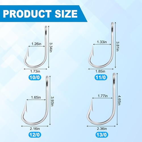 8/0 Saltwater Tuna Fishing Hooks - 15 Pack, Ultra Sharp Stainless Steel Big Game Trolling Hooks