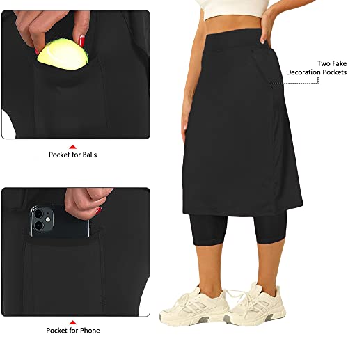 Women's Tennis Skirt with Capris Leggings, Knee Length Athletic Skort - Medium Black