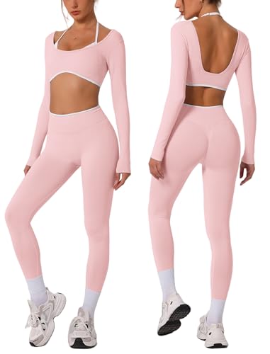 Pink OMEWEE Workout Sets for Women - Long Sleeve Crop Top & Anti-Squat Pants, Small