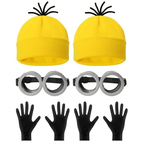 6 Pcs Halloween Costume Accessories for Adult,Yellow Beanie/Goggles Glasses/Gloves for Men Women Cosplay Party Set