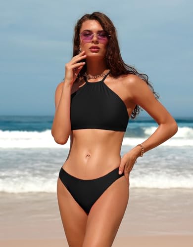 Women’s Halter High Neck Bikini Set - Cross Back Two Piece Swimsuit, Medium, Black