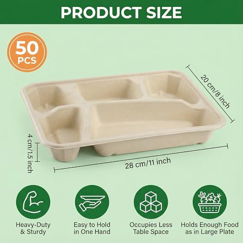50 Pack 5-Compartment Disposable Paper Plates - Compostable Lunch Trays for Parties & Picnics