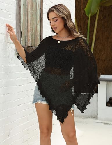 Women's Sheer Knit Poncho Cover Up with Ruffle Mesh Top - Black - Summer Beach Outfit