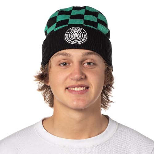 Demon Slayer Adult Tanjiro Embroidered Patch Knit Cuff Beanie Cap Hat for Men and Women Multicolored