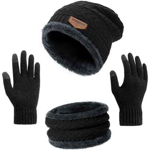 Winter Hat Beanie Scarf Touchscreen Gloves Set for Men/Women, Skull Cap Gloves Neck Warmer Set with Fleece Lined