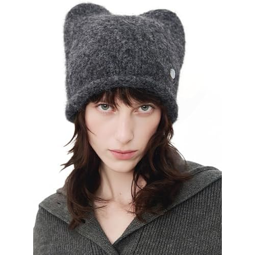 Ababalaya Women's Wool Beanie Cute Cat Ear Beanies Y2K Beanie Hat with 3D Ear