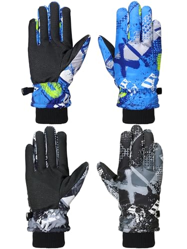Kids Waterproof Snow Gloves 2 Pairs for Ages 4-8 Retro Style