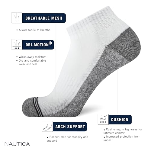 Nautica Mens Quarter Socks Cushioned Moisture Wicking Athletic Socks 6 Pack - All Black 12.5 Size