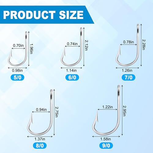 8/0 Saltwater Tuna Fishing Hooks - 15 Pack, Ultra Sharp Stainless Steel Big Game Trolling Hooks