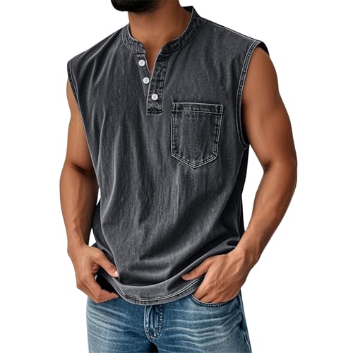 Gray Mens Tank Top Summer Casual Workout Henley Sleeveless T-Shirt XL