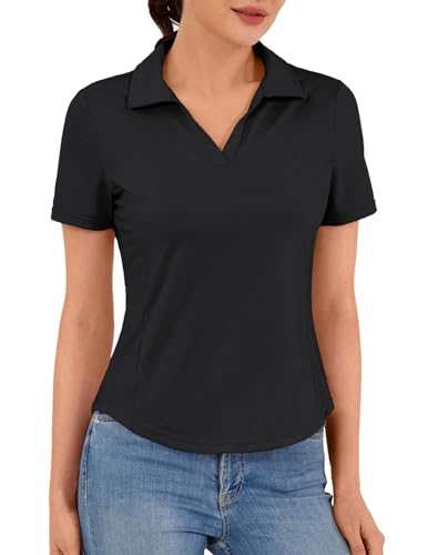 Women's Golf Polo Shirt V Neck Short Sleeve Sun Protection Moisture Wicking Athletic Top