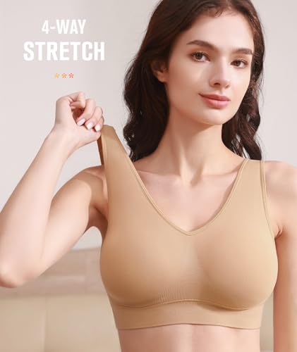 Women’s Seamless Sports Bras with Removable Pads - Large 4-Pack Black, White, Nude, Grey