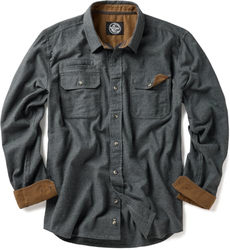 Men's Flannel Shirt - All Cotton Button Down, Long Sleeve, Brushed Warm Casual Plaid, Grey Large Tall Variation