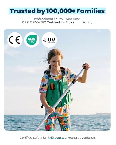 Green Youth Swim Vest for Kids - Adjustable Neoprene Water Safety Gear for 50-90 lbs