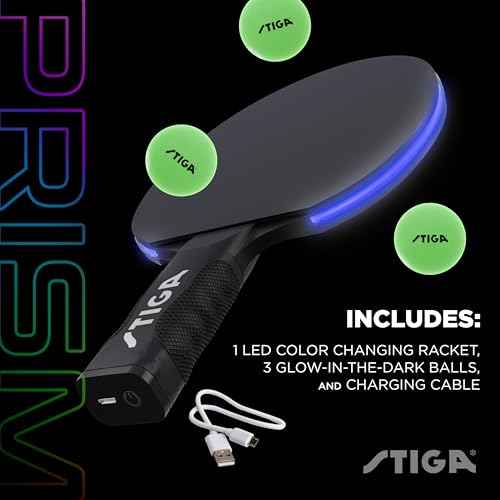 STIGA Prism LED Ping Pong Paddle - 5 LED Color Cycles - Color Gradient Mode - Includes 3 Glow-in-The-Dark Balls - 1.5mm Sponge with Smooth Rubber - Silicone Grip for Max Control