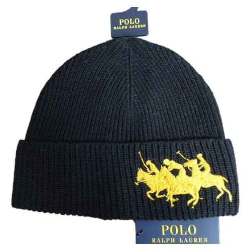 POLO RALPH LAUREN Men's Triple Pony Wool Blend Ribbed Cuff Beanie Hat (Polo Black, One Size)