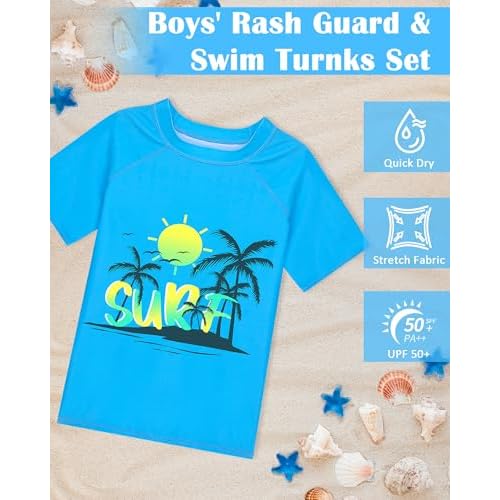 Boys Two Piece Rash Guard Swimsuits Sets Kids Short Sleeve Swim Shirts Bathing Suit with Swim Trunks Swimwear Set