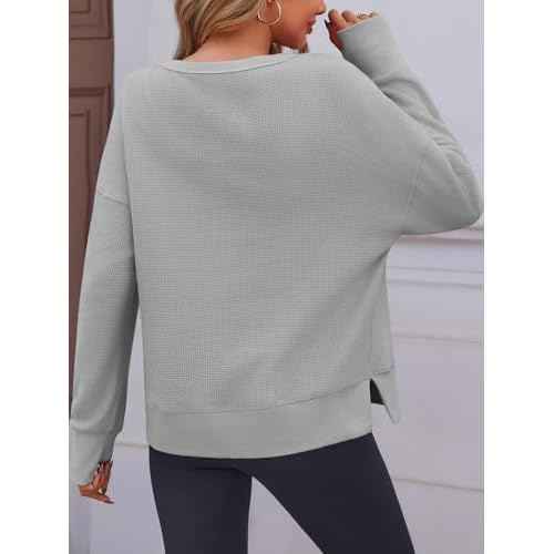 Fisoew Womens Casual Crewneck Sweatshirt Waffle Knit Long Sleeve Side Slit Loose Fit Fall Shirts Tops
