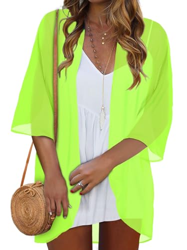Women Kimono Cardigans Summer Cover Up Floral Print Tops Large Neon Green