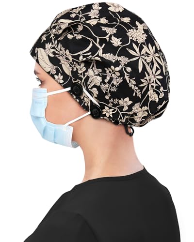 Fall Satin Lined Bouffant Scrub Nurse Cap with 4 Buttons and Sweatband - Adjustable