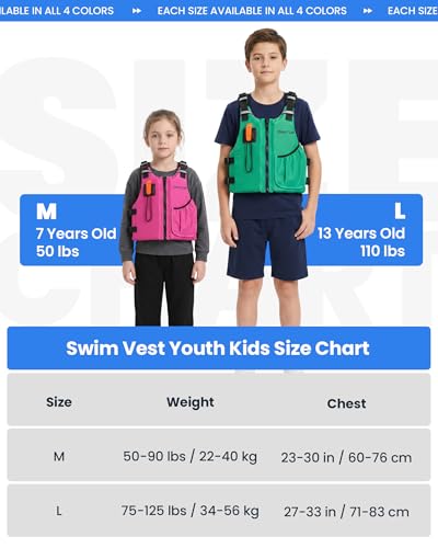 Green Youth Swim Vest for Kids - Adjustable Neoprene Water Safety Gear for 50-90 lbs