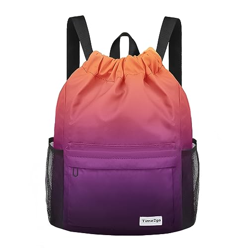 Water-Resistant Drawstring Gym Backpack with Mesh Pockets - Orange Purple