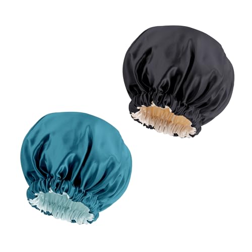 Double Layer Satin Bonnet for Sleeping Women - 2 Pcs Blue Zircon & Black