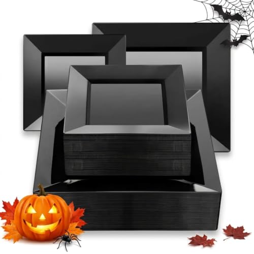 Black Square Plastic Plates Set 100 Pack - 9.5" & 6.5" Disposable Dinnerware