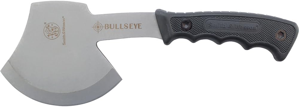 Smith & Wesson Bullseye Hatchet and Fixed Blade Guthook Knife Combo with S.S. Blade and Rubber Handle for Outdoor, Tactical, Survival and Everyday Carry